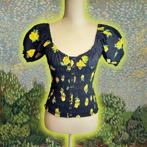 Caroline Constas ‘Sofi’ Cotton Smocked Peasant Top in Black & Yellow Floral XS